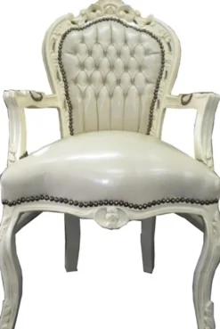 Barock Esszimmerstuhl Creme / Creme Lederoptik mit Armlehnen