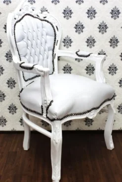Barock Esszimmer Stuhl mit Armlehnen Weiß / Weiß