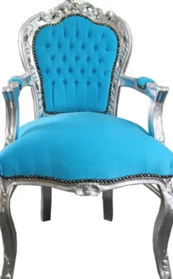 Barock Esszimmer Stuhl Türkis / Silber mit Armlehnen