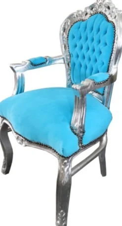 Barock Esszimmer Stuhl Türkis / Silber mit Armlehnen