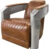 Casa Padrino Art Deco Aluminium Echtleder Sessel Braun / Silber 74,5 x 94 x H. 78 cm - Club Sessel - Lounge Sessel - Flugzeug Flieger Möbel