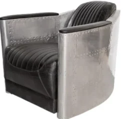 Casa Padrino Art Deco Aluminium Echtleder Sessel Schwarz / Silber 74,5 x 94 x H. 78 cm - Club Sessel - Lounge Sessel - Flugzeug Flieger Möbel