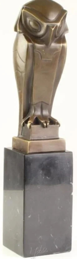 Casa Padrino Art Deco Bronzefigur Eule Bronze / Gold / Schwarz 7,8 x 8,4 x H. 32,7 cm - Deko Skulptur mit Marmorsockel