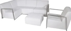 Casa Padrino Art Deco Designer Garten Möbel Set Weiß - Luxuriöse Loungegruppe aus Aluminium und Sunbrella Stoff - Eckbank, Sessel und Tisch