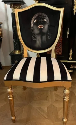 Casa Padrino Art Deco Esszimmer Stuhl Schwarz / Weiß / Mehrfarbig / Gold - Art Deco Massivholz Stuhl - Art Deco Esszimmermöbel - Art Deco Möbel - Art Deco Einrichtung - Möbel im Art Deco Stil