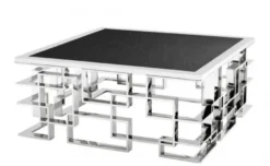 Casa Padrino Art Deco Luxus Couchtisch mit Granitplatte, polierter Edelstahl, 100 x 100 x H. 45 cm