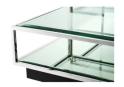 Casa Padrino Art Deco Luxus Couchtisch 4er Set, Wohnzimmer Tisch aus poliertem Edelstahl und schwarzem Spiegelglas 65 x 65 x H. 40 cm