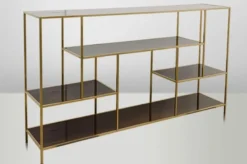 Casa Padrino Art Deco Luxus Regal Schrank Edelstahl Gold mit getönten Glasböden H108 x 190 x 40 cm