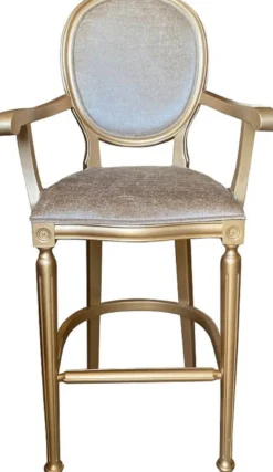 Casa Padrino Barock Barstuhl mit Armlehnen Gold / Gold - Massivholz Antik Stil Barhocker mit Samtstoff - Handgefertigte Barock Barmöbel