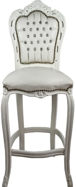 Casa Padrino Barock Barstuhl mit Kunstleder und Glitzersteinen Creme / Weiß 60 x 55 x H. 146 cm - Handgefertigter Hochstuhl - Barhocker - Barock Barmöbel