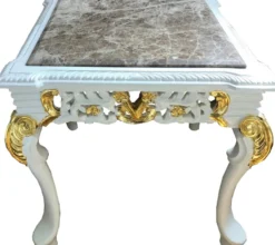 Casa Padrino Barock Beistelltisch Weiß / Gold / Grau - Handgefertigter Massivholz Tisch mit Marmorplatte - Barock Möbel