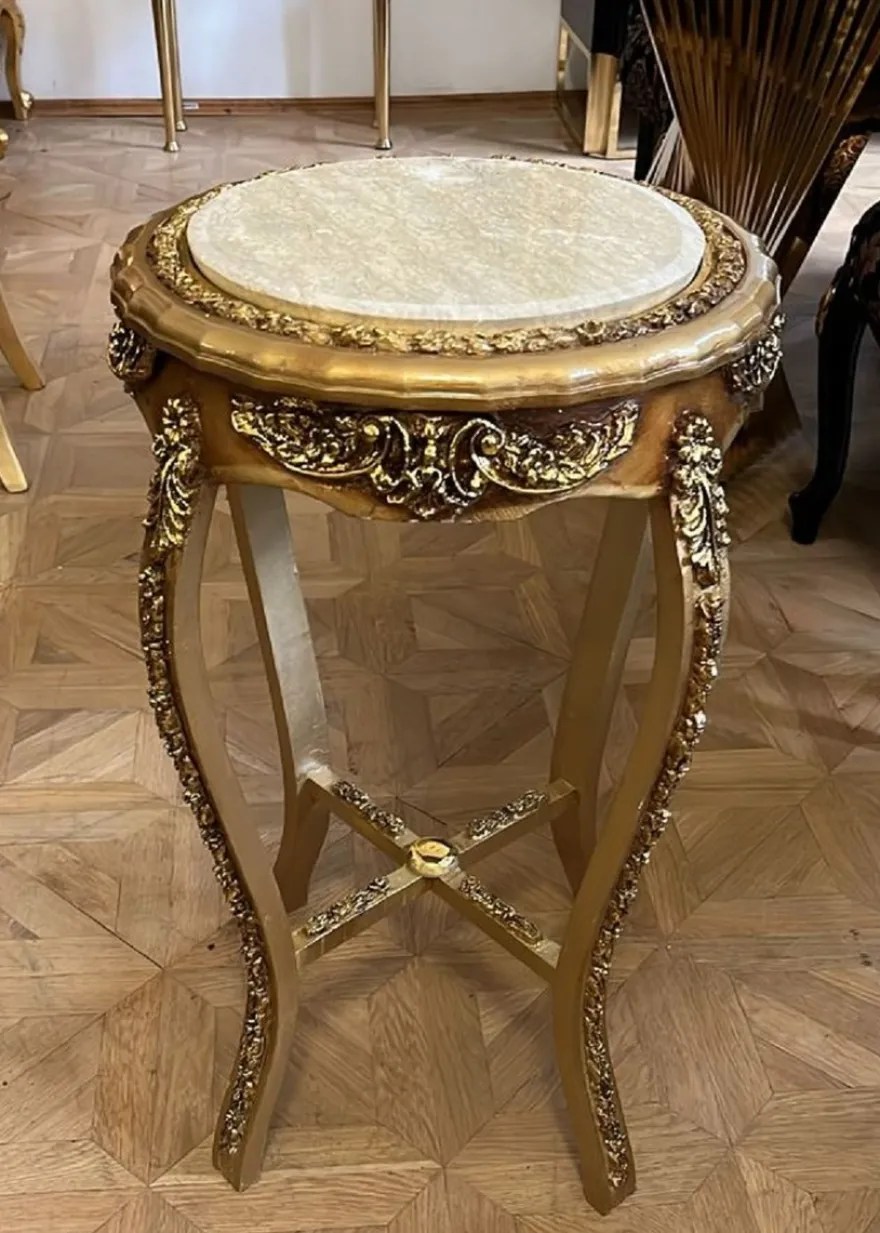 Casa Padrino Barock Beistelltisch mit Marmorplatte Gold / Creme H. 73 cm