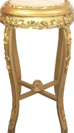 Casa Padrino Barock Beistelltisch mit Marmorplatte Gold / Creme Ø 45 x H. 71,5 cm - Runder handgeschnitzter Antik Stil Telefontisch Blumentisch mit wunderschönen Verzierungen