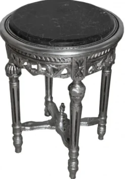 Casa Padrino Barock Beistelltisch Rund Silber ModY15 53 x 38 cm - Handgefertigter Antik Stil Tisch aus Holz mit Marmorplatte