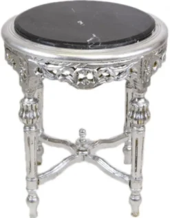 Casa Padrino Barock Beistelltisch mit schwarzer Marmorplatte Rund Silber 50 x 45 cm Antik Stil