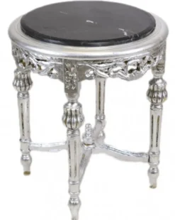 Casa Padrino Barock Beistelltisch mit schwarzer Marmorplatte Rund Silber 50 x 45 cm Antik Stil