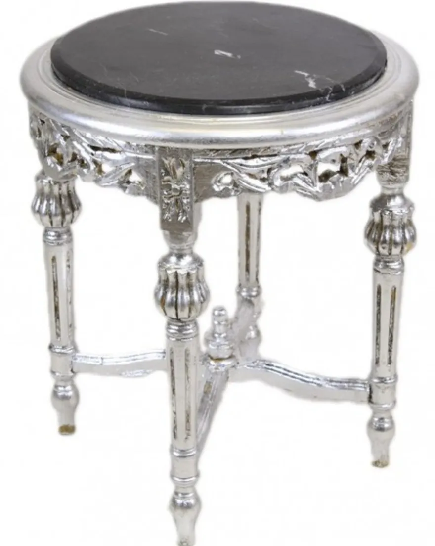 Casa Padrino Barock Beistelltisch mit schwarzer Marmorplatte Rund Silber 50 x 45 cm Antik Stil