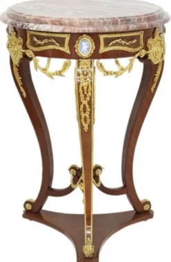 Casa Padrino Barock Beistelltisch Braun / Gold / Rot Ø 55 x H. 78 cm - Runder Massivholz Tisch im Barockstil - Barock Wohnzimmer Möbel