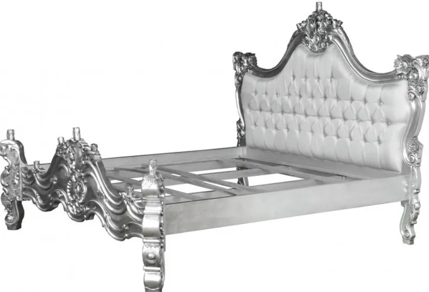 Casa Padrino Barock Bett Barocco Weiß Satinstoff / Silber mit Bling Bling Glitzersteinen 180 x 200 cm