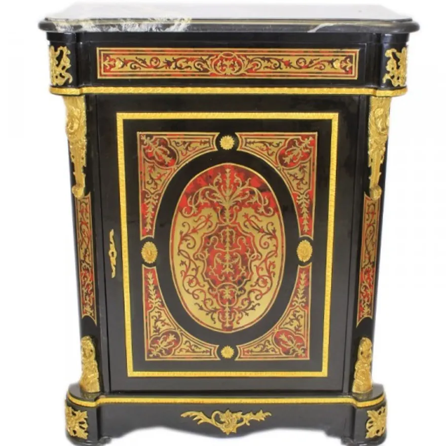 Casa Padrino Barock Boulle Kommode im Antik Stil in Schwarz, Gold und Rot mit Marmorplatte 95 x 45 x H 105 cm