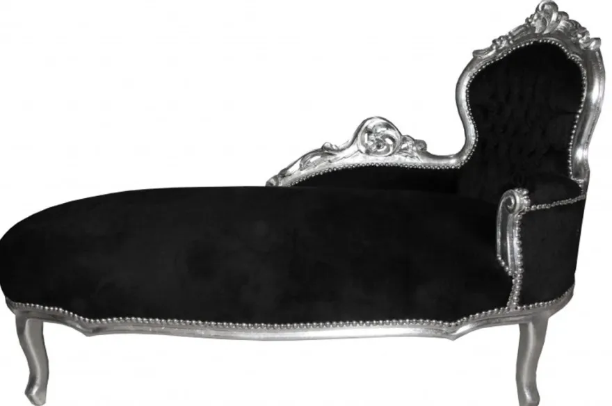 Casa Padrino Barock Chaiselongue King Schwarz / Silber - Handgefertigte Luxus Recamiere im Antik Stil - 155 x 70 x 100 cm