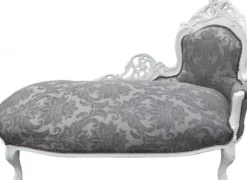 Casa Padrino Barock Chaiselongue mit grauem Muster und weißem Rahmen, 155 x 70 x 100 cm, handgefertigt