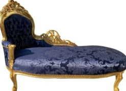 Casa Padrino Barock Chaiselongue Linke Seite Blau / Gold - Handgefertigte Massivholz Recamiere mit elegantem Muster - Barock Wohnzimmer Möbel