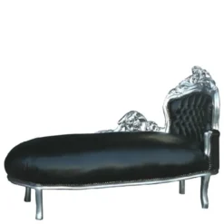 Casa Padrino Barock Chaiselongue King in Schwarz Lederoptik und Silber, Länge 155 cm, Breite 70 cm, Höhe 100 cm