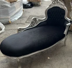 Casa Padrino Barock Chaiselongue Schwarz / Silber 155 cm - Barock Möbel