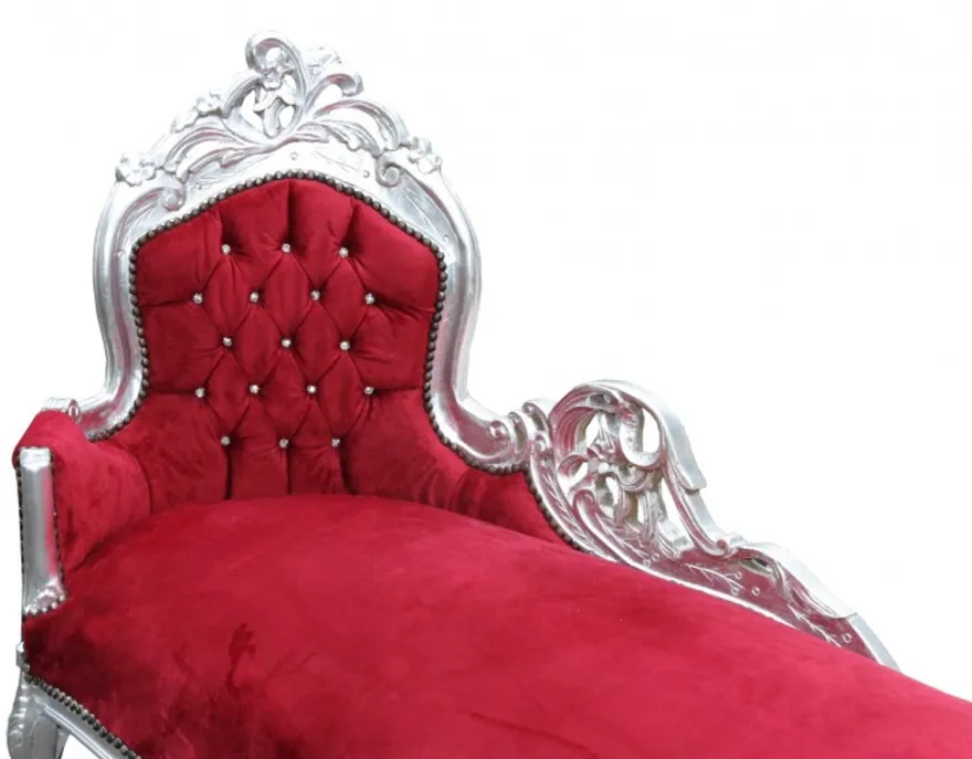 Casa Padrino Barock Chaiselongue King Bordeaux Rot / Silber mit Glitzersteinen 155 x 70 x 100 cm