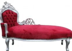 Casa Padrino Barock Chaiselongue King Bordeaux Rot / Silber mit Glitzersteinen 155 x 70 x 100 cm