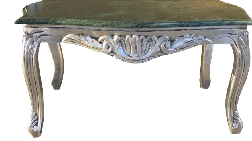 Casa Padrino Barock Couchtisch in Silber mit grüner Marmorplatte, 99 x 63 x 49 cm, Limited Edition