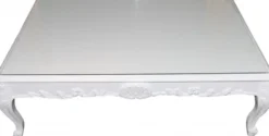 Casa Padrino Barock Couchtisch Weiß glänzend, 120 x 85 x 49 cm, Massivholz mit Glasplatte, Couchtisch im Antik Stil
