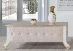Casa Padrino Barock Couchtisch Beige / Weiß / Gold 100 x 64 x H. 43 cm - Edler Barockstil Wohnzimmertisch mit Glitzersteinen - Barock Möbel