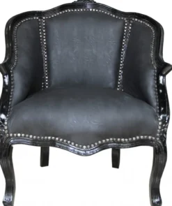 Casa Padrino Barock Damen Salon Sessel Schwarz/Schwarz Kunstleder - Antik Stil - 80 x 63 x 53 cm