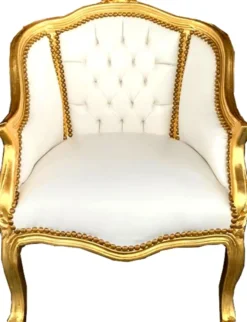 Casa Padrino Barock Damen Salon Sessel Weiß Kunstleder / Gold - Salon Möbel