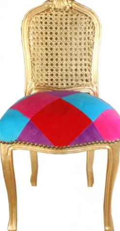Casa Padrino Barock Damen Stuhl Karo Bunt / Gold - Limited Edition