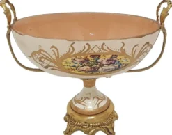 Casa Padrino Barock Deko Keramik Vasen Set mit Schale Creme / Mehrfarbig / Messing - Prunkvolle Deko im Barockstil - Barock Deko Accessoires - Barock Möbel - Edel & Prunkvoll