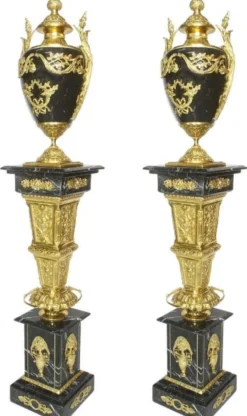 Casa Padrino Barock Deko Porzellan Vasen mit Marmor Säulen Set Schwarz / Gold 30 x 30 x H. 180 cm - Edel & Prunkvoll