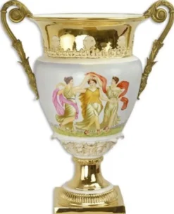 Casa Padrino Barock Deko Vase Weiß / Mehrfarbig / Gold 46,4 x 32 x H. 56,7 cm - Prunkvolle Porzellan Blumenvase mit 2 Bronze Griffen - Deko Accessoires im Barockstil