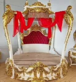 Casa Padrino Barock Doppelbett Weiß / Gold / Bordeauxrot - Prunkvolles Massivholz Bett - Schlafzimmer Möbel im Barockstil - Barock Schlafzimmer Möbel - Edel & Prunkvoll