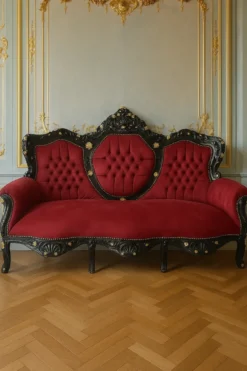 Casa Padrino Barock 3er Samt Sofa Bordeauxrot / Schwarz / Gold - Barock Möbel