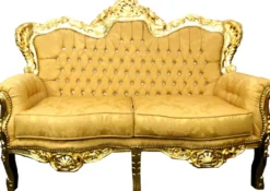 Casa Padrino Barock 2er Sofa Gold Muster / Gold mit Bling Bling Glitzersteinen - Antik Stil Wohnzimmer Möbel