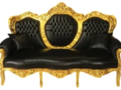 Casa Padrino Barock 3er Sofa King Schwarz Lederoptik / Gold - Luxus Couch 180 x 120 x 70 cm