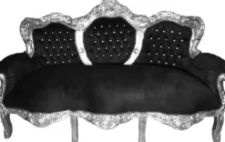 Casa Padrino Barock 3-er Sofa "King" Schwarz/Silber mit Bling Bling Glitzersteinen Möbel
