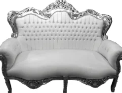 Casa Padrino Barock 2-er Sofa King Weiß Lederoptik / Silber mit Bling Bling Glitzersteinen - Wohnzimmer Couch Möbel Lounge