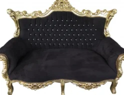 Casa Padrino Barock 2-er Sofa Master Schwarz / Gold mit Bling Bling Glitzersteinen - Antik Stil Möbel - 168 x 128 x 70 cm