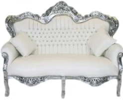 Casa Padrino Barock 2er Sofa Master in Weiß Lederoptik und Silber, Breite 160 cm, handgefertigte Luxus Couch