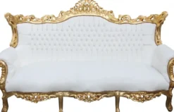 Casa Padrino Barock 3-er Sofa Master Weiss / Gold - Luxus Wohnzimmer Möbel 210 cm