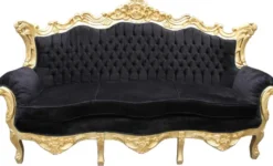 Casa Padrino Barock 3er Sofa Master Schwarz / Gold - Handgefertigte Luxus Couch im Antik Stil - 210 x 135 x 90 cm